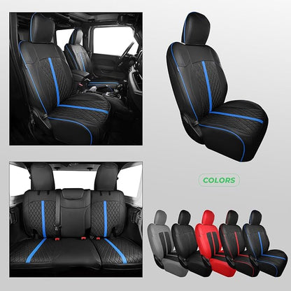 for Jeep Wrangler Seat Covers 4Door JL 2018 2019 2020 2021 2022 2023 2024 2025, Custom Car Seat Cover Full Set, Luxury Waterproof Leather Seat Protectors, Black Blue Trim, W/O Rear Cup Holder