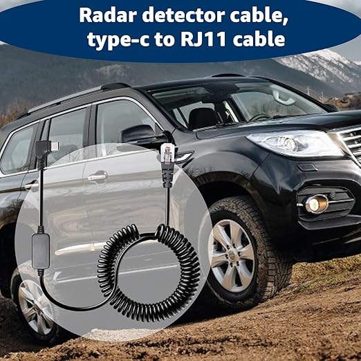 Radar Detector Colied Cord with USB-C to RJ11 Plug Cable 5V-12V Power Cable Compatible with Escort Uniden Radenso XP Beltronics Cobra Whistler 9.8FT Powered for 12V Radar Detectors