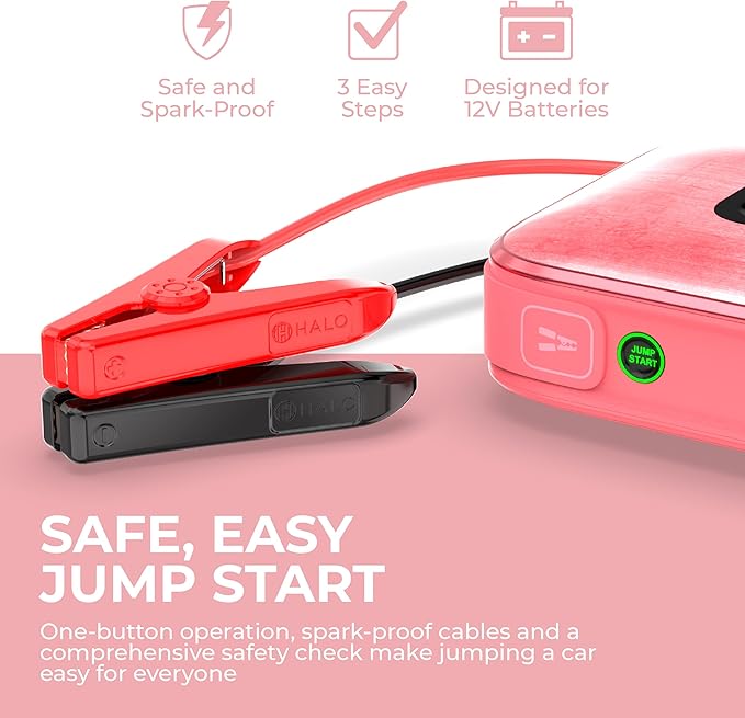 HALO Bolt Ultimate 3 Portable Car Battery Jump Starter | 130 PSI Air Compressor, 55.5Wh USB Power Bank, Large Display, Emergency Floodlight & Charger, Jumps Cars SUVs & Trucks, Inflates Tires — Rose