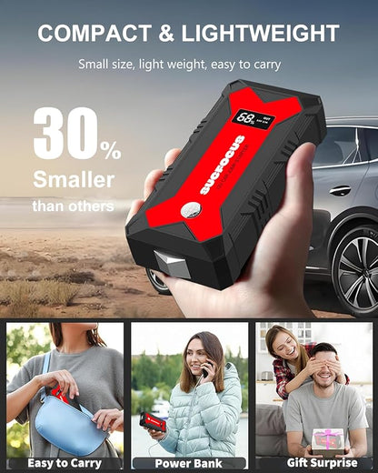 Car Battery Jump Starter, 2500A Battery Jumper Starter Portable (for 8.0L Gas or 7L Diesel Engine), Jump Box, Jump Start Battery Pack with Jumper Cables, LED Light, USB QC3.0 (Red)