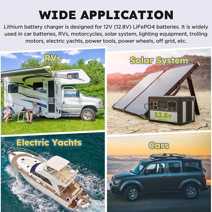 12V 40A Lithium Battery Charger 14.6V LiFePO4 Battery Charger for 12.8V LiFePO4 Lithium Deep Cycle Rechargeable Batteries 0V Wake Up 12 Volt Charger with 2 Connectors for RV, Boat, Car, Marine, Solar