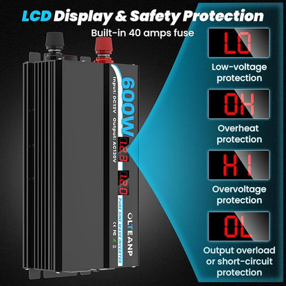 600W Power Inverter Pure Sine Wave Inverter 12V DC to 120V AC Converter for Car, Truck, Home, Vehicles, Laptop, Car Inverter 12V to 110V with 2 AC Outlets, 2 USB Ports, LCD Display