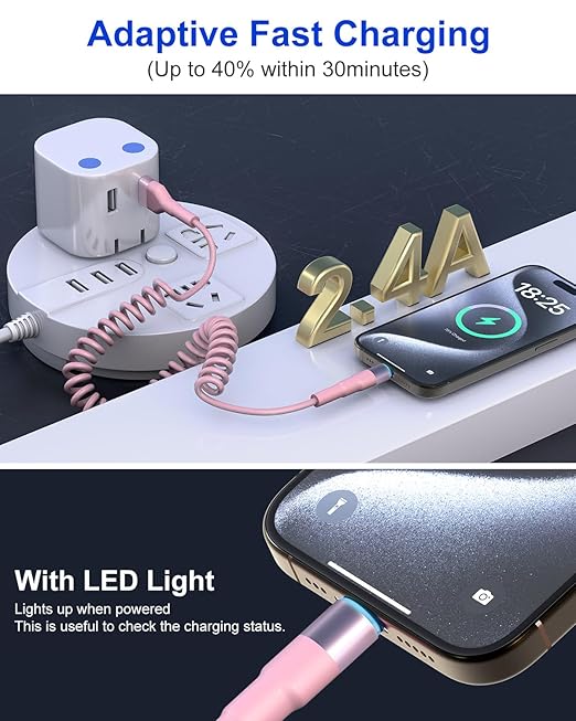 Pink Car Charger Cable - Coiled Lightning Cable for Apple CarPlay with 480Mbps Data Sync LED [MFi Certified], Fast Charging Short USB to Lightning Pink Retractable iPhone Charger Cord for Car