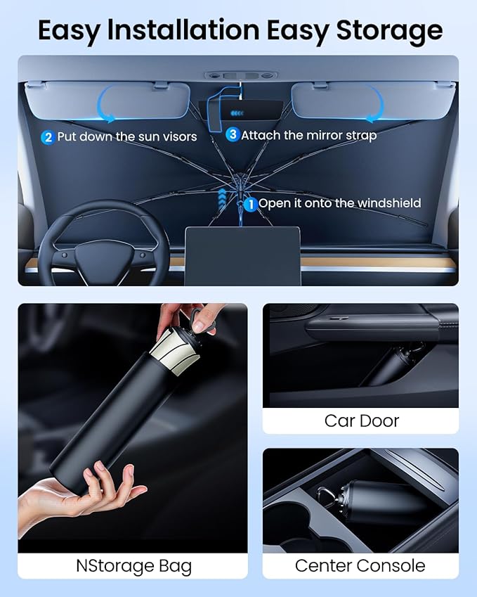 REEVAA 2025 Upgraded Car Windshield Sun Shade Umbrella [100% Sun Protection & Keep Cool] Protect Interior, 360° Flex Handle Sun Shield Sunshade, Large (61 * 33.5 in) for Large Truck