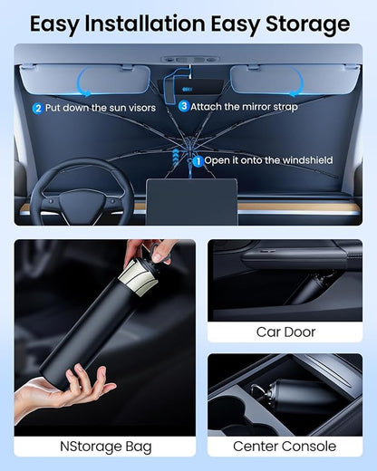 REEVAA 2025 Upgraded Car Windshield Sun Shade Umbrella [100% Sun Protection & Keep Cool] Protect Interior, 360° Flex Handle Sun Shield Sunshade, Large (61 * 33.5 in) for Large Truck