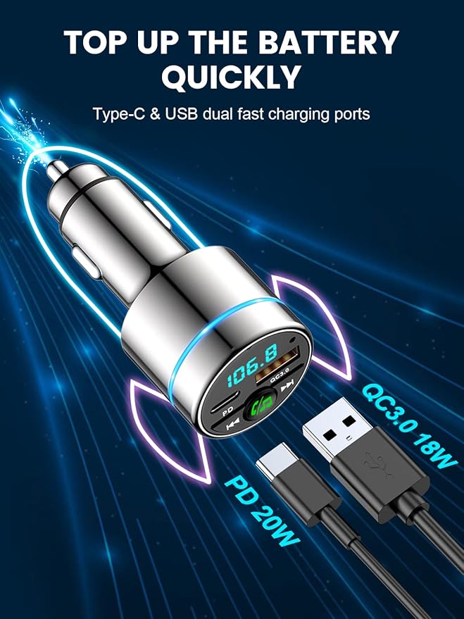 FM Transmitter for Bluetooth 5.3, [All-Metal] PD 30W & QC3.0 18W Fast Car Charger, Wireless FM Radio Kit Bluetooth Car Adapter, Noise Cancelling Hands-Free Call, Blue Light - Silver