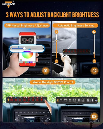 Auxbeam 8 Gang Slim Switch Panel Bluetooth RGB AS-800 with APP&Remote Control Toggle Momentary Pulsed 80A Switch Pod Off Backlight for 12-24V Truck Offroad UTV ATV Car Marine, 2 Years Warranty