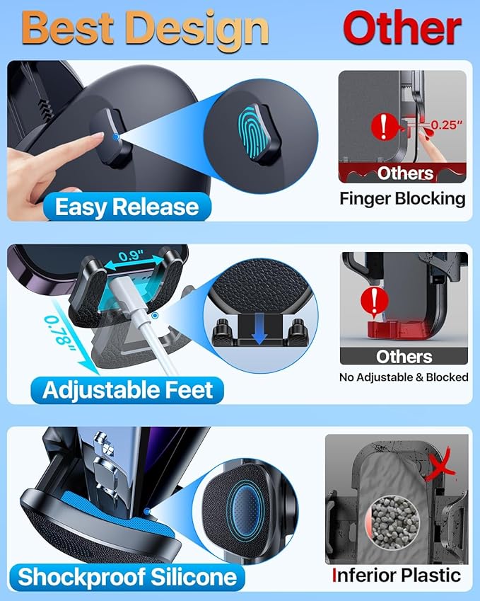 HTU 【Military-Grade Car Phone Holder,【Strongest & Longest Steel-Hook】 Car Vent Mount, Handsfree 360° Adjustable Automobile Cradle Air Clip Stand for iPhone 16 15 14 13 Pro Max Samsung,Sapphire Blue