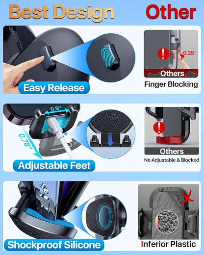 HTU 【Military-Grade】 Car Phone Holder,【Strongest & Longest Steel-Hook】 Car Vent Mount, Handsfree 360° Adjustable Automobile Cradle Air Clip Stand for iPhone 16 15 14 13 12 Pro Max Samsung, Black