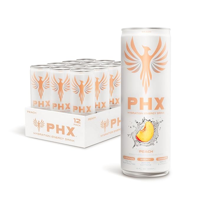 PHX Hydration Energy Drink - 700mg Electrolytes, 200mg Natural Green Tea Caffeine, 100% Daily Value 8 Essential Vitamins - 12 oz Cans (12 Pack) (12 Pack, Peach)