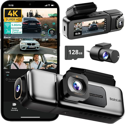 4K 3 Channel Dash Cam Front and Rear/Inside, 360°Dash Camera with 3.18" Touch Screen, Night Vision Dashcam, Built-in GPS, 5.8G WiFi, Voice Control, 24/7 Parking Mode Car Camera, Free 128GB Card