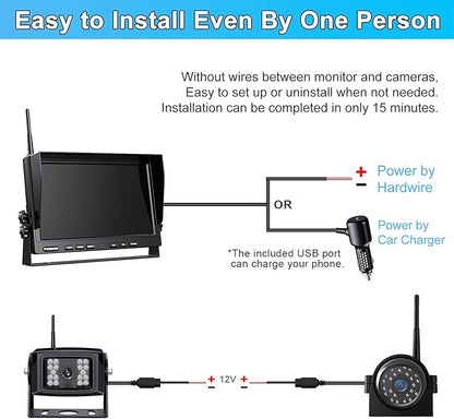 Fookoo HD 1080P 10" Wireless Backup Camera System, 10-inch Quad Split Screen Monitor w/Recording, IP69 Waterproof Side Rear View Cameras, Digital Signal, Parking Lines for RV/Truck/Trailer
