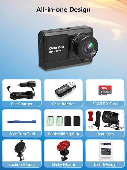 Dash Cam Front and Rear, 2.5K+1080P Dual Dash Camera for Cars with 32GB SD Card, 2.45 inch IPS Screen, 2 Mounting Ways, Night Vision, WDR, Accident Lock, Loop Recording, Parking Monitor