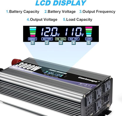 3000W Power Inverter 12V to 110V/120V DC to AC with LCD Display, Remote Controller and 4 x AC Outlets Car Adapter for Car Truck Boat RV Off Grid Solar System