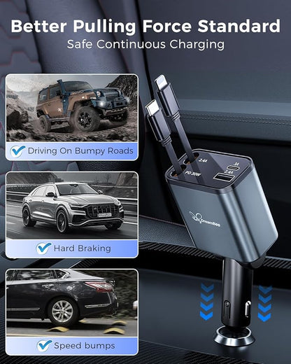 Retractable 70W USB Car Charger Adapter, 4 in 1 Fast Phone Charger, 2 Retractable Cords, USB C, Compatible with iPhone 16/15/15 Pro Max/14/13/12/11, Samsung