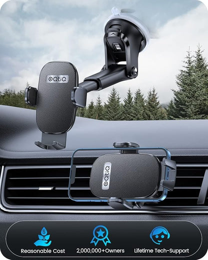 OQTIQ 3-in-1 Car Phone Mount – Dashboard, Windshield & Air Vent Holder with Strong Suction Cup, Adjustable Arm, 360° Rotation – Compatible with iPhone & Android Phones