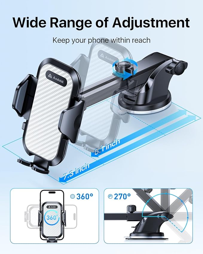 andobil Car Phone Holder Mount (Bumpy Roads Friendly) Military-Grade Phone Holders for Your Car Dashboard Windshield Air Vent Cell Phone Car Mount for iPhone 16 Pro Max 15 14 13, Samsung Silver
