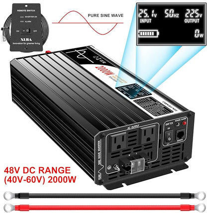 Xijia 2000w(Peak Power 4000W) dc 48v to ac 120v Inverter Pure sine Wave 60HZ Converter with Bluetooth Remote Control LCD Screen 2 AC outlets for Camping, Boat,Outdoor (DC48V (Range 40V-60V) 2000W)