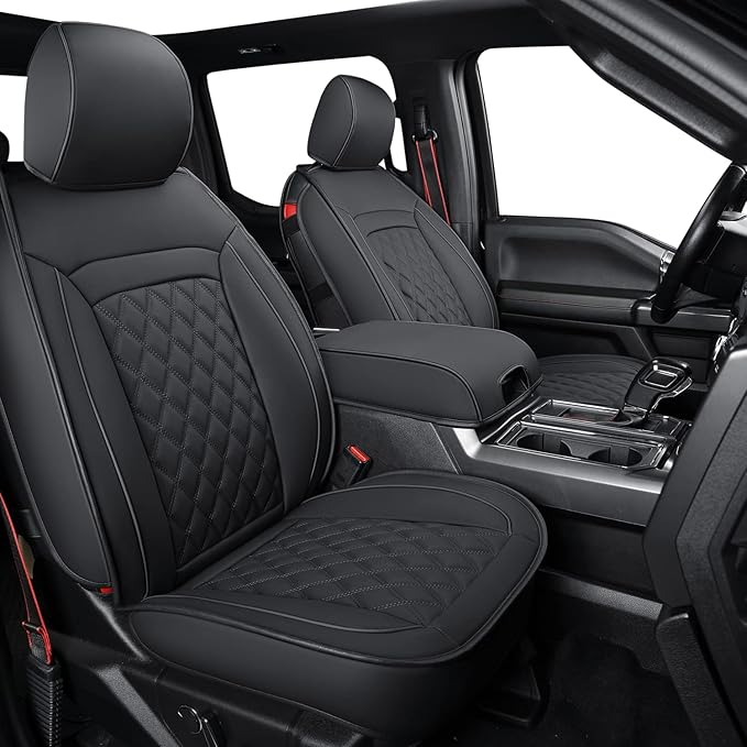 LUCKYMAN CLUB F150 Faux Leather Seat Covers Fit for 2015-2025 F150 and 2017-2025 2025 F250 F350 F450 Pickup Trucks(Front Pair,Black)