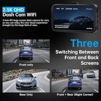 Dash Cam Front and Rear, Dash Camera for Cars WiFi/APP Control Dual Dashcam W/ 64GB Card, 2.5K Dash Cam Front+1080P Rear Car Camera W/Super Night Vision, Loop Recording, G-Sensor, Max Support 256GB