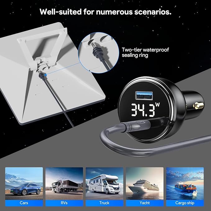 EDUP Starlink Mini Car Adapter DC Power Cable & Starlink Cigarette Lighter Adapter with Digital Display, Waterproof Car Charging Cable,USB A 35W & USB C 65W Ports for Star Link Mini (5M/ 16.4FT)