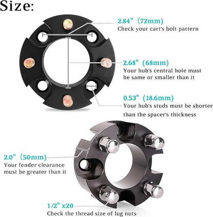 10L0L Golf Cart Wheel Spacers Adapters 2 Inch for EZGO Club Car 4 Lug (4x4 Bolt Pattern, 68mm Hub Bore, 1/2-20 Studs) - 4 Pack