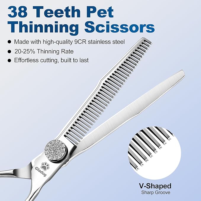 GLADOG 6.5" 9CR Thinning Shears for Dogs - Professional Dog Thinning Scissors with Luxurious Diamond Pivot Nut, Ideal Dog Grooming Scissors for Reducing Bulk, Dog Shears，Dogs Scissor for Grooming