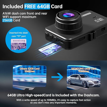 Dash Cam Front and Rear, Dash Camera for Cars WiFi/APP Control Dual Dashcam W/ 64GB Card, 2.5K Dash Cam Front+1080P Rear Car Camera W/Super Night Vision, Loop Recording, G-Sensor, Max Support 256GB