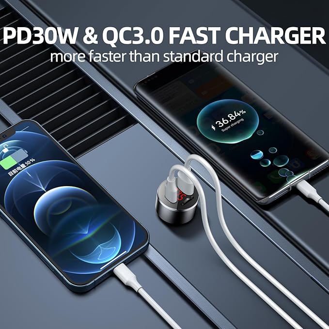 AUX Car Adapter FM Transmitter,iMyOnly QC/PD All-Metal Bluetooth V5.3 AUX Adapter for Car Music Player, Bluetooth Transmitter with Hands-Free Calling