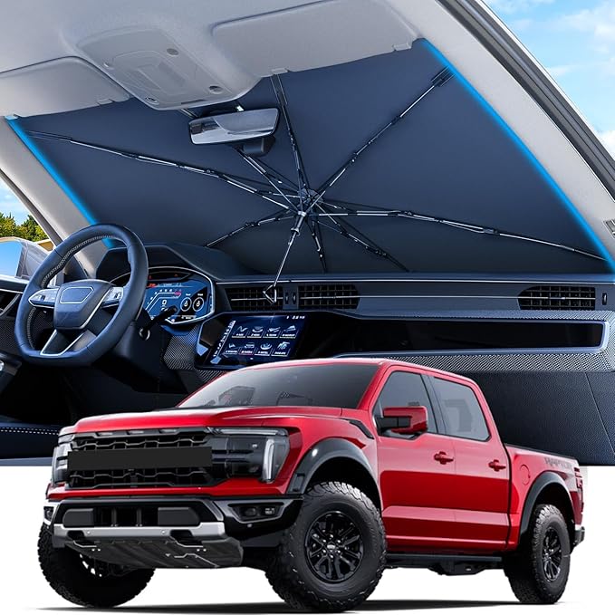 REEVAA 2025 Upgraded Truck Windshield Sun Shade Umbrella [100% Sun Protection & Keep Cool] Protect Interior, 360° Flex Handle Sun Shield Sunshade, Large (61''x35'') for Truck/Full-Size SUV Car
