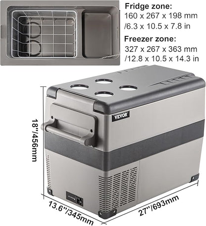 VEVOR 12 Volt Refrigerator, 48 Quart (45L) Fast Cooling Portable Freezer with App Control (-4℉~68℉), Car Fridge with 12/24v DC & 110-240v AC for Travel, Truck, Camping and Home Use, Grey