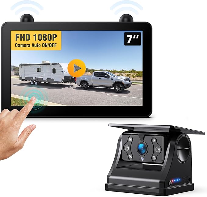 Magnetic Solar Wireless RV Backup Camera, 1080P 7" Touchscreen IPS Monitor & Auto On Off Rear View Camera, 1 Minute Setup Night Vision Recording Guidelines, Back up Camera for Trailer Truck M7