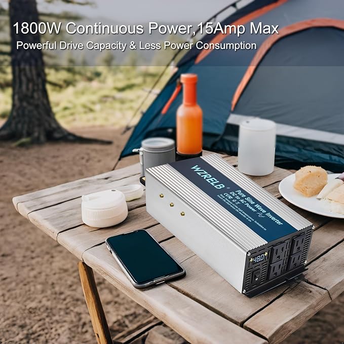 WZRELB 1800W Pure Sine Wave Inverter 48V DC to 110V 120V AC,Car Power Inverter with 4 AC Outlets, LED Display,Off-Grid Portable Power Converter for Home, RV, Truck, Camping