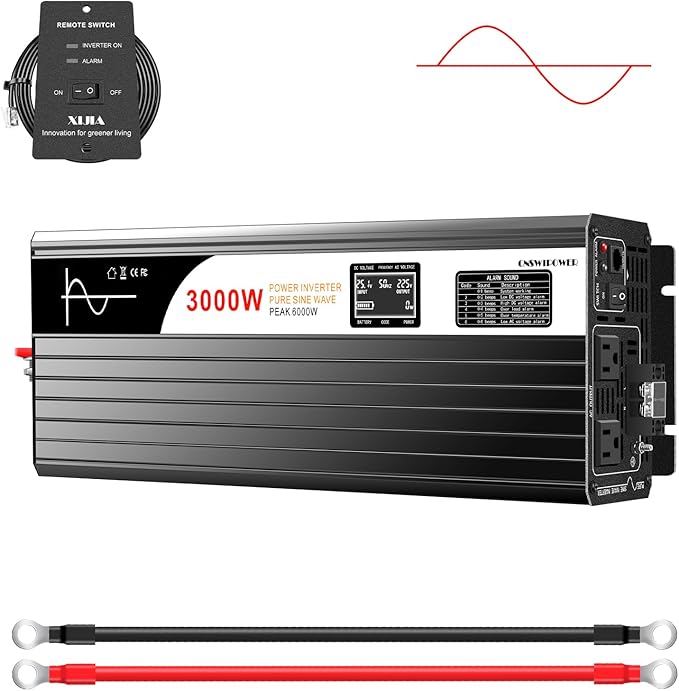 Xijia 3000W (Peak Power 6000W) Pure Sine Wave Power Inverter DC24V to 110V 120V ac Converter 60HZ with Soft Start for car &Camping (DC24V (Range 20V-30V) 3000W)