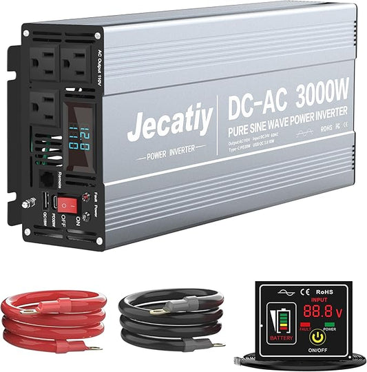 3000 Watt Pure Sine Wave Power Inverter DC 24V to 110V/120V AC Converter with 3 AC,18W USB, and 30W Type-C Charging Ports, Car Solar Power Inverters with LCD Display for Home RV Truck