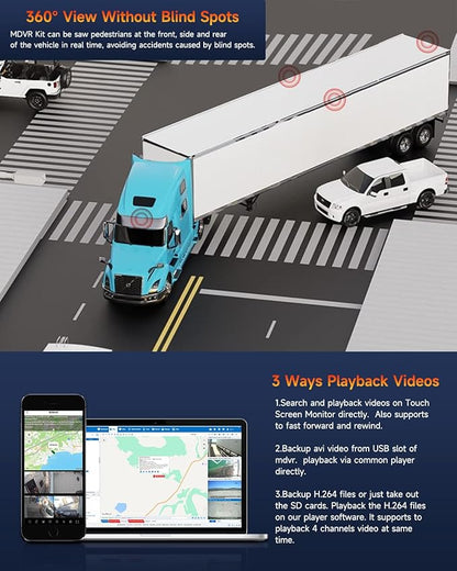 8CH Mobile DVR Monitor Camera System with WiFi Live GPS Tracking HDD MDVR Video Recorder 7" Touch Screen Monitor and 4 1080P Rear Side View Camera Waterproof Night Vision for RV Truck Trailer Tractor