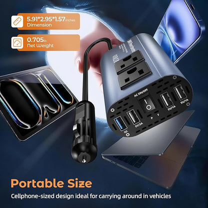 300W Car Power Inverter, DC 12V to 110V AC Car Plug Adapter Outlet with USB-Fast Charger(25W)、 USB-A（20W） and Dual AC Outlet, QC3.0, 4 USB Ports, Car Charger for Laptop、Phone, etc