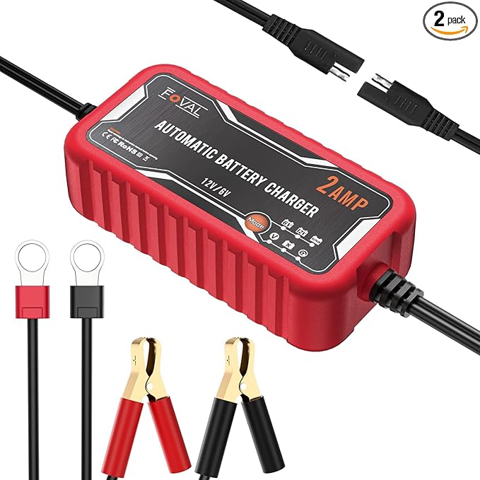 [2-Pack] FOVAL 2-Amp Car Battery Charger, 6V and 12V Portable Automatic Smart Charger, Battery Maintainer, Trickle Charger and Battery Desulfator for Car Lawn Mower Motorcycle Boat Lead Acid Batteries