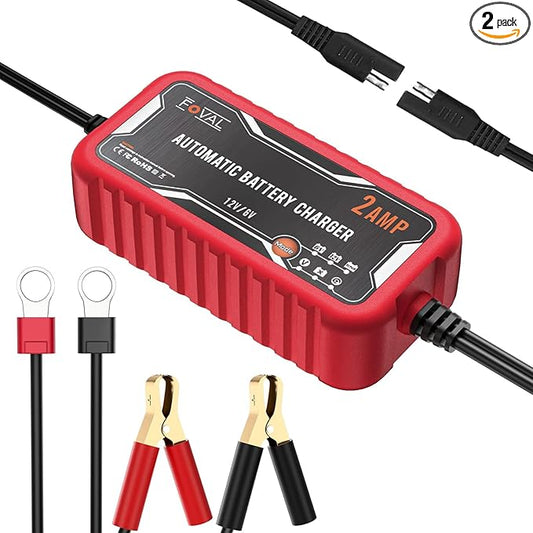 [2-Pack] FOVAL 2-Amp Car Battery Charger, 6V and 12V Portable Automatic Smart Charger, Battery Maintainer, Trickle Charger and Battery Desulfator for Car Lawn Mower Motorcycle Boat Lead Acid Batteries