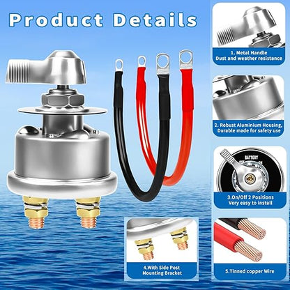 200A Battery Disconnect Switch 12V 48V Battery Shut Off Switch Master Power Isolator Marine On Off Kill Switch for Car, Boat, Vehicle, Truck, ATV, RV