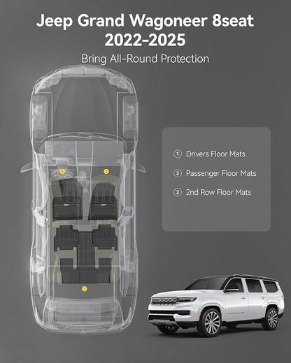 3W Floor Mats Fit for Jeep Grand Wagoneer/Grand Wagoneer L 2022 2023 2024 2025 8 seat (Not Fit for 7 seat), All Weather TPE Floor Liner for 1-3 Rows Full Set Car Mats Black