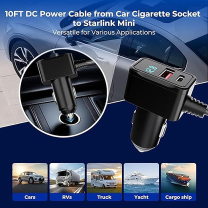 3 in 1 Starlink Mini Cable 10FT, Nolansend Starlink Mini Car Charger DC Power Cable+Cigarette Lighter Adapter 12V-48V with Digital Display, Durable USB C PD 36W/USB A 18W Ports for Trucks and Cars
