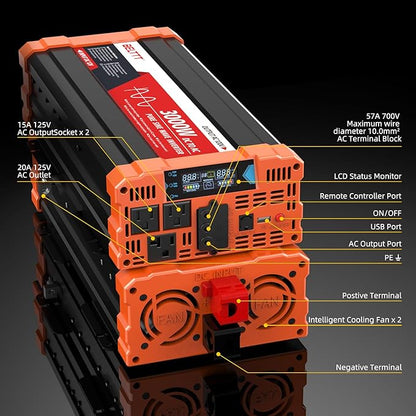 BELTTT 3000W Pure Sine Wave Inverter 12V DC to 120V AC for RV, Truck, Off-Grid, Home, Solar Car Power Inverter with Dual AC, 20A Socket, 5V 2.1A USB, Hardwire Port, Remote Controller 23Ft Cable