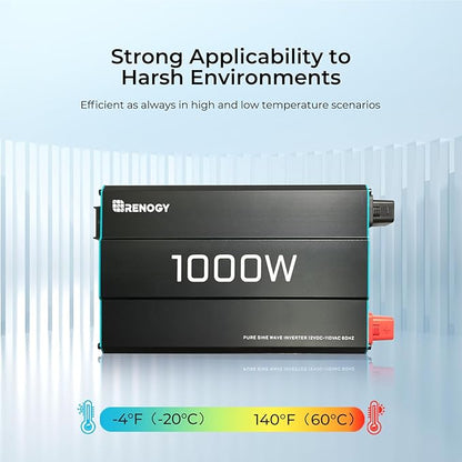 Renogy 1000W Pure Sine Wave Inverter 12V DC to 120V AC Converter for Home, RV, Truck, Off-Grid Solar Power 110V with Built-in 5V/2.1A USB Port, Hardwire Remote Controller