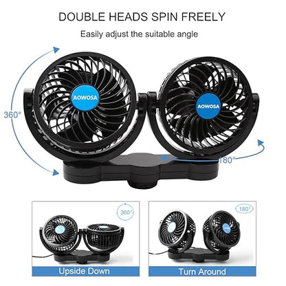 Car Fan for Backseat Auto 12V Electric Cooling Fan Portable Car Seat Headrest for Sedan SUV RV Boat, with 360° Rotatable Dual Head, Stepless Speed Regulation, Cigarette Lighter Plug