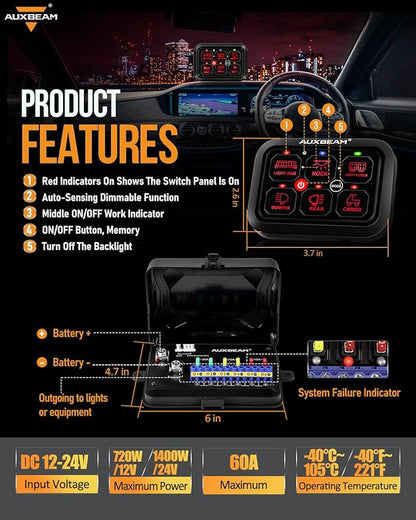 Auxbeam 6 Gang Switch Panel RA60 Toggle Momentary Pulsed RGB Dimmable Switch Panel Multifunction Switch Panel Built in Solid State Relay Marine Control Panel Waterproof for Car Boat, 2 Years Warranty