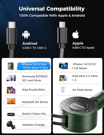SUPERONE 3-in-1 Car Charger with Retractable Cords, USB C Charger Car Adapter Compatible with iPhone 16/15/14/13/12/11 Pro Max Samsung Android Phones