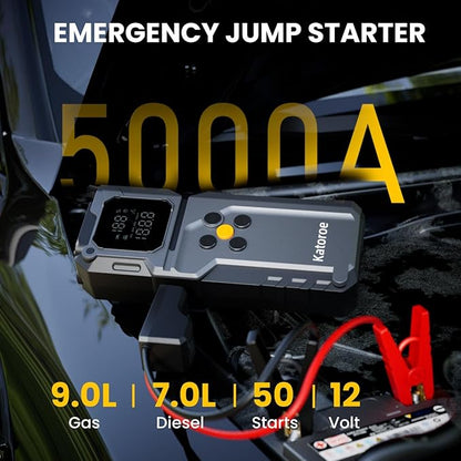 Jump Starter with Air Compressor, 5000A Jump Starter Battery Pack with 150PSI Tire Inflator, Portable Air Compressor, 12V Jump Starter for 9.0L Gas 7.0L Diesel Engines, Jumper Cables, Flashlight