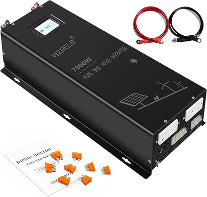 WZRELB 7000W Pure Sine Wave Inverter, 24V DC to 120V 240V AC, 4 AC Outlets, Hardwire Terminal, 91.6% Efficiency
