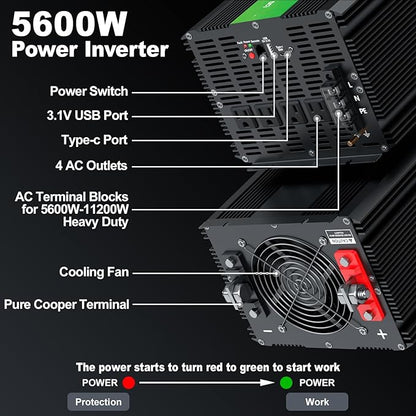 5600W Power Inverter,Peak Power 11200W 12V DC to AC 110120V,Remote Control with 4AC Outlets and3.1USB Port,LCDDisplay for Outdoor Activities,Emergency